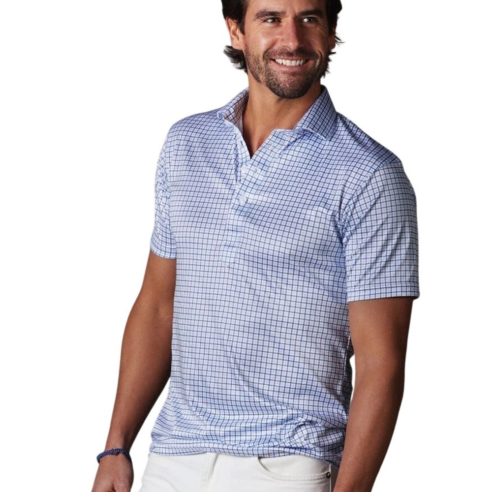 COLLARS & CO Mens Semi Spread Button Collar Polo Blue Tattersall NWT Medium